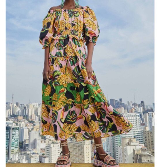 FARM RIO Toucananas Tiered Cotton Off-The-Shoulder Maxi Dress Small - Picture 4 of 12